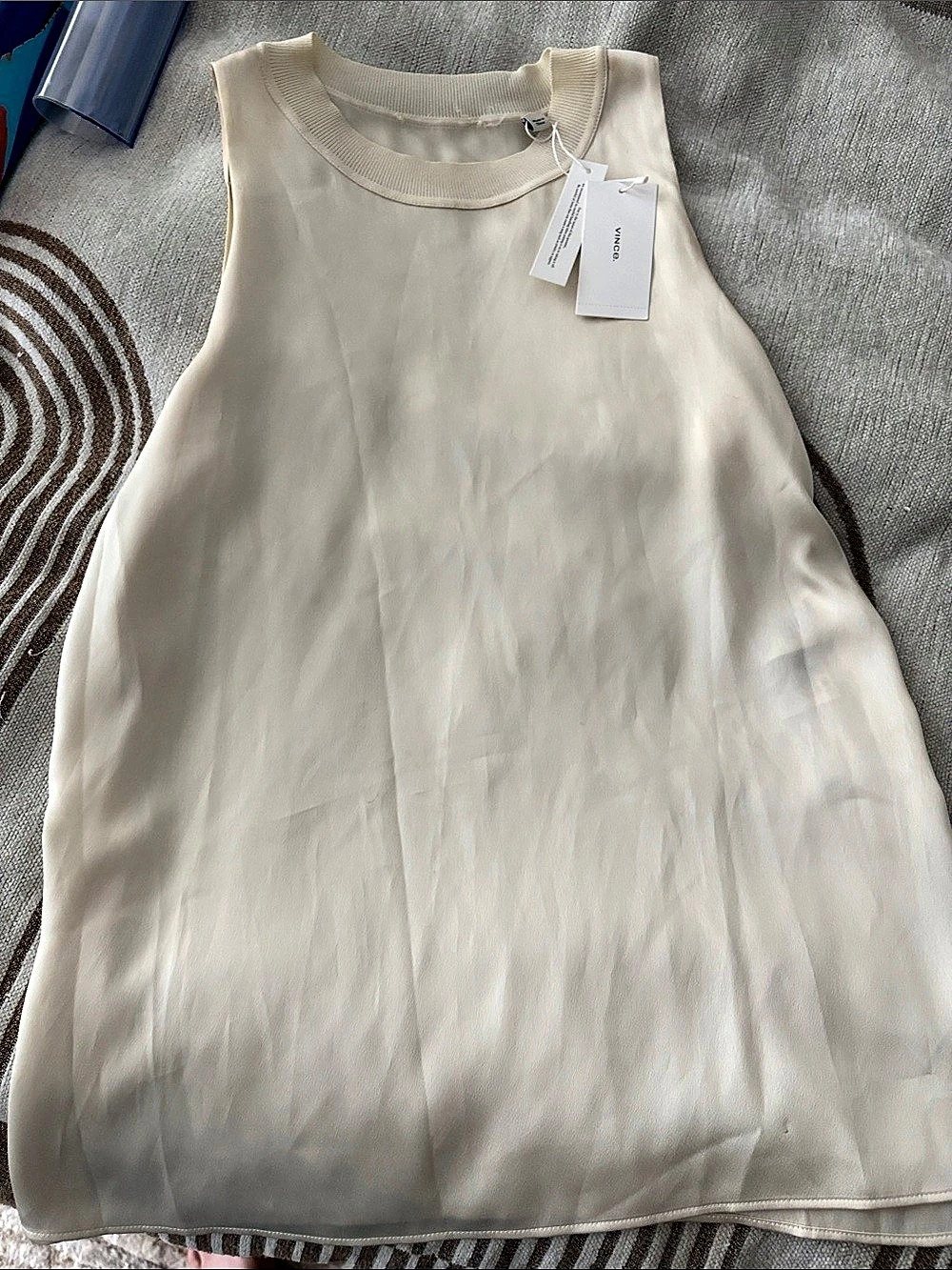 Vince Rib Trim Silk Blouse Tank Top Cream Small